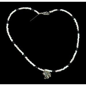 90s Bohemian Black And White Glass Beaded Necklace With Silver Tone Elephant Cha